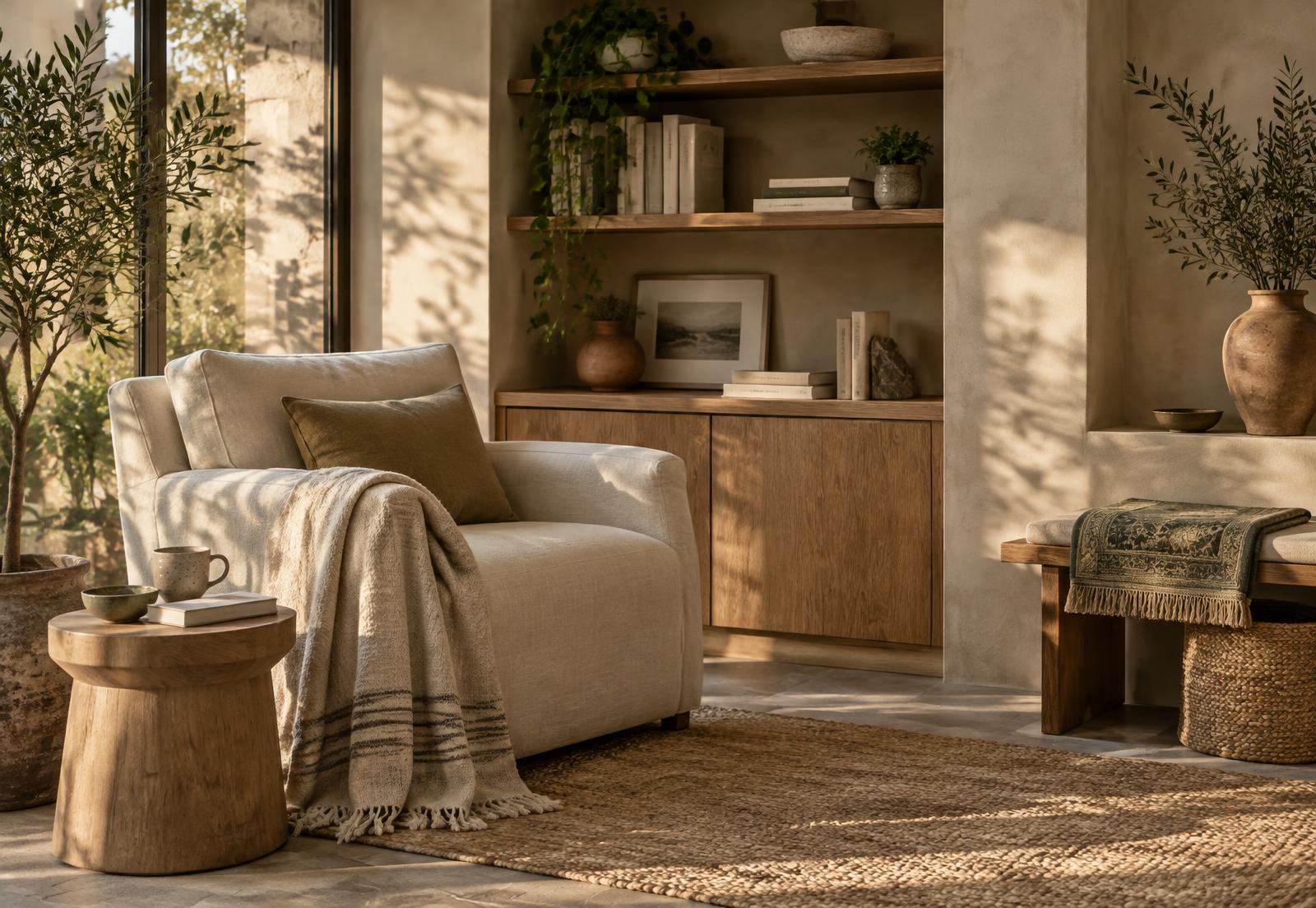 A calm reading corner with soft textiles and warm light