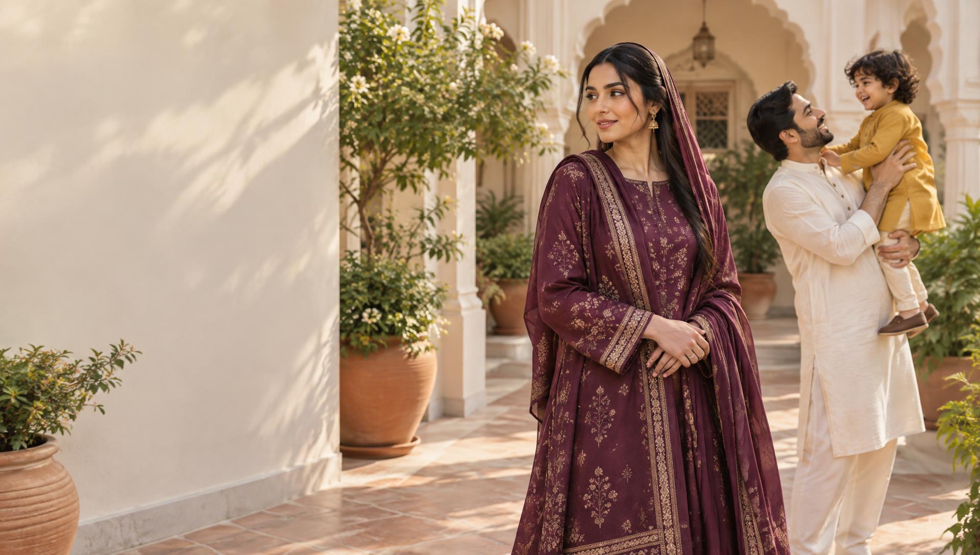 Woman in a berry-plum cambric salwar suit in a sunlit courtyard with her family
