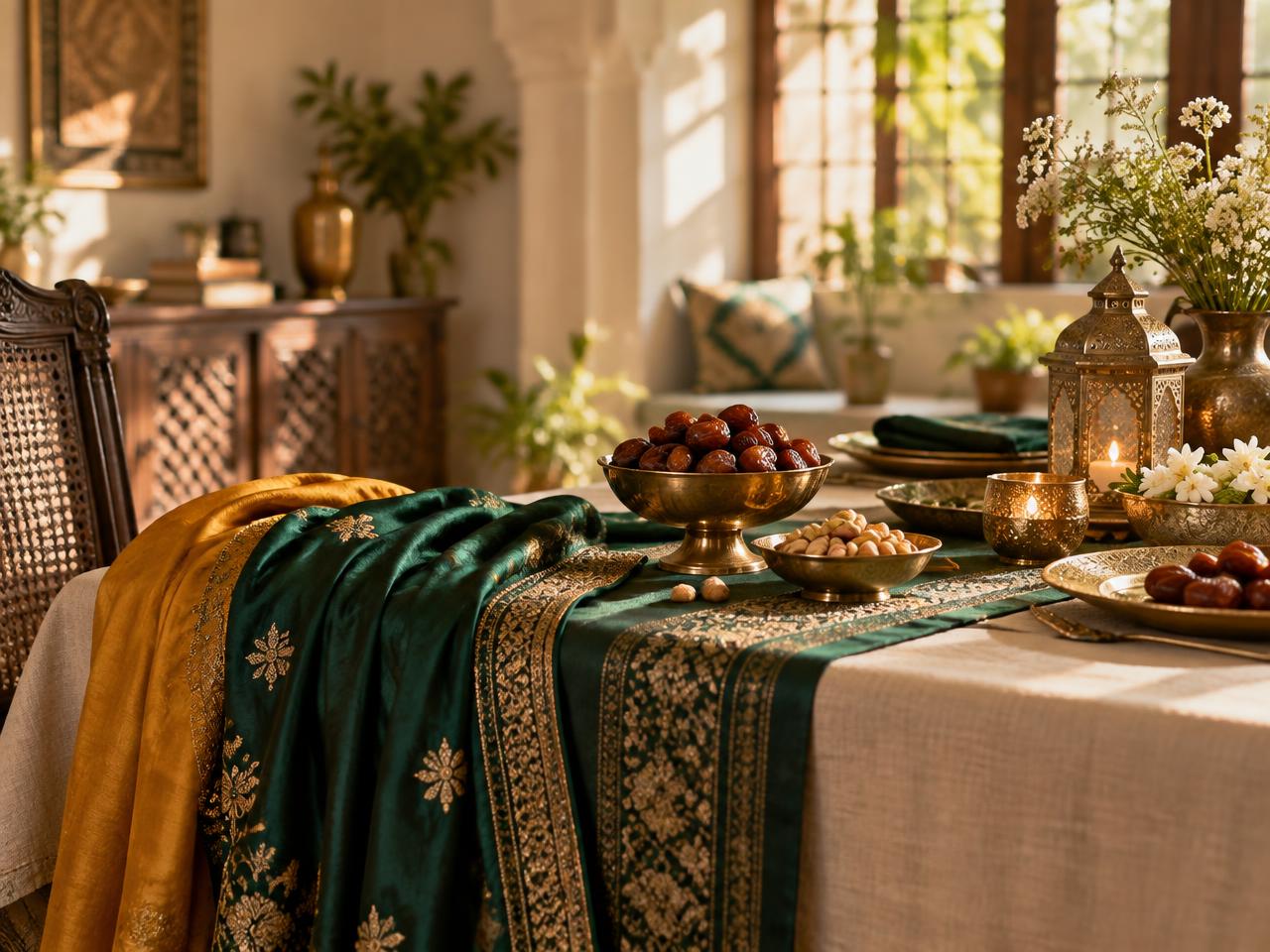 Warm Eid table set with dates, brass, and festive textiles