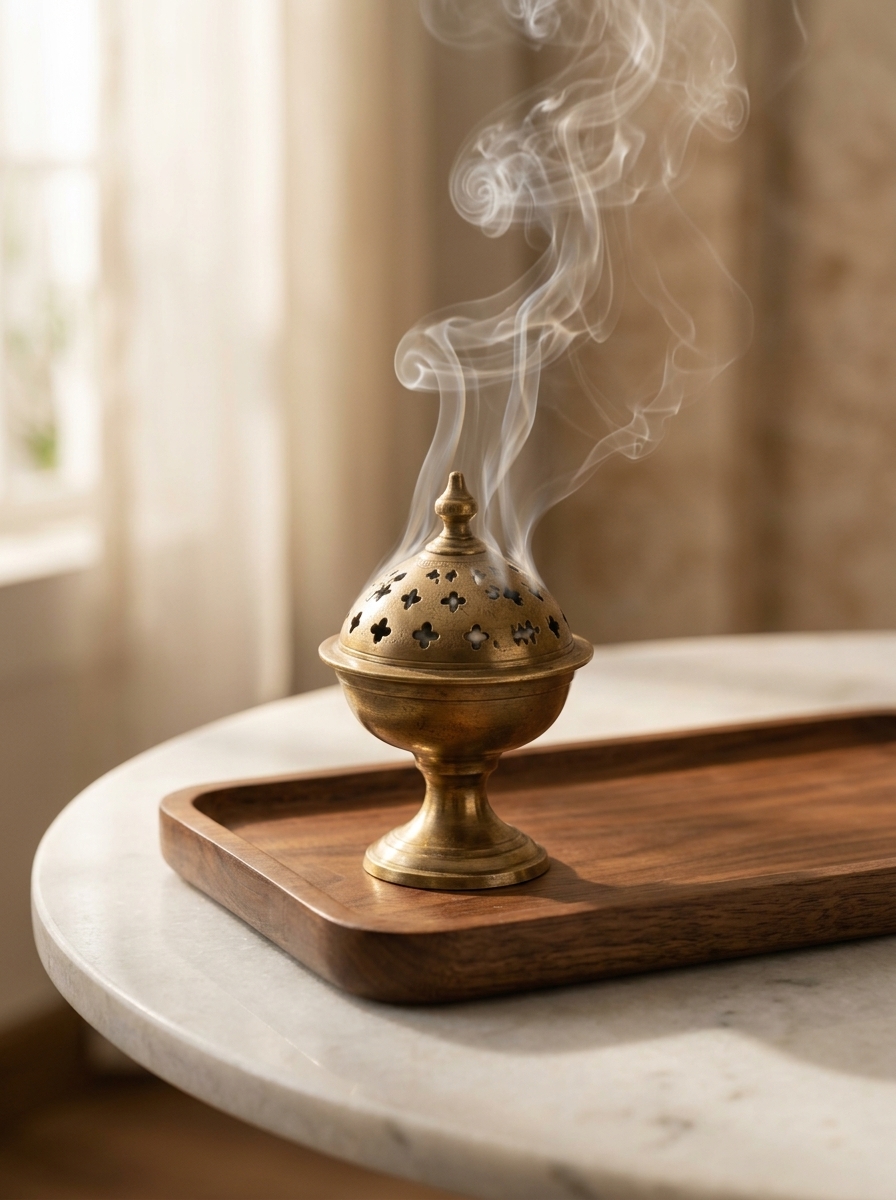 Handcrafted solid cast brass charcoal bakhoor incense burner on walnut tray