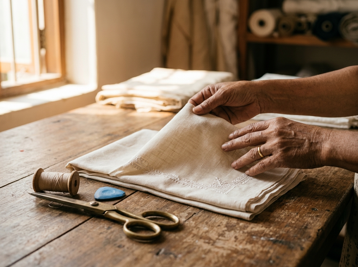 Artisan hands inspecting pure cambric cotton weave with tailor scissors and thread
