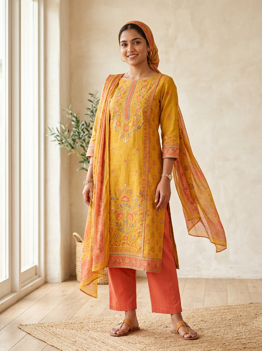 Mustard & Coral Cotton Kurta Set
