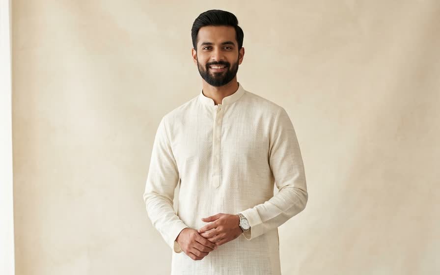 Indian Muslim man in ivory handloom cotton kurta with mandarin collar