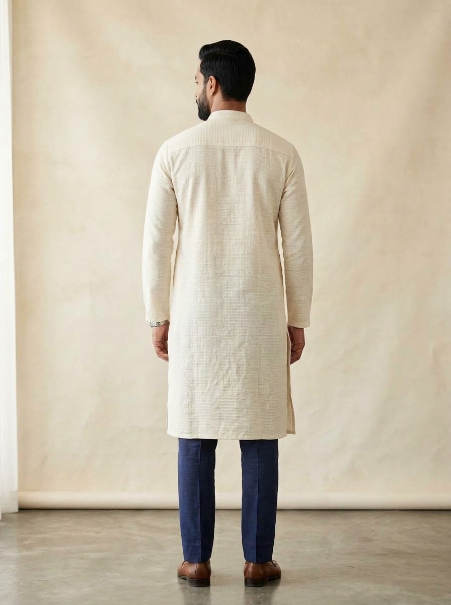 Back view showing shoulder yoke, straight back cut, and side hem slits