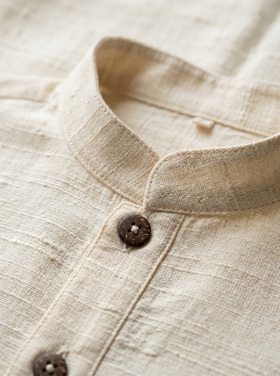 Macro detail shot of handloom cotton slub weave and coconut shell button