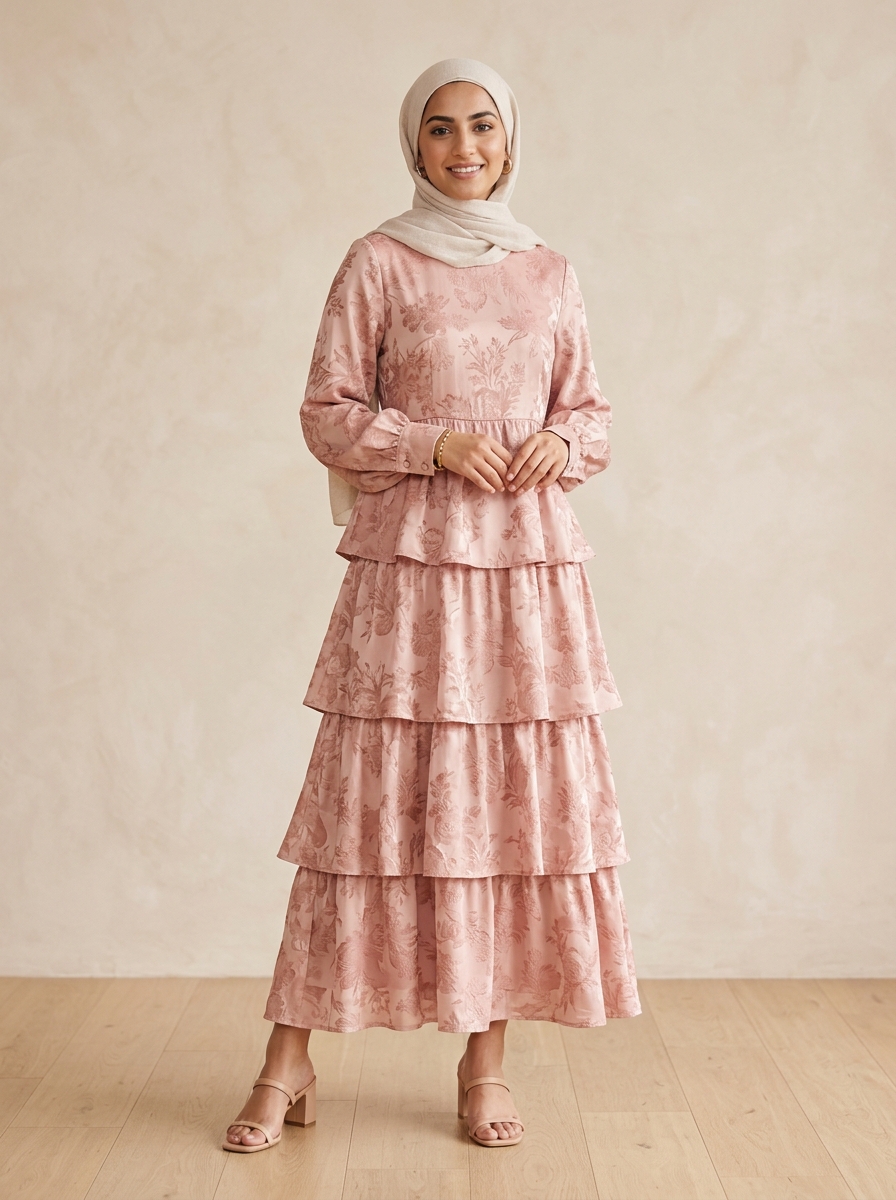Dusty Rose Tiered Modest Dress