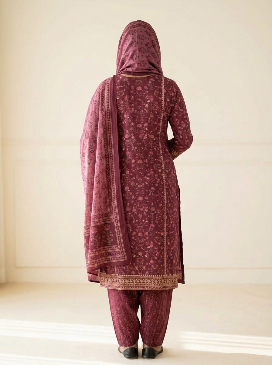 Back view showing graceful dupatta drape, clean tailored back cut, and matching salwar pants