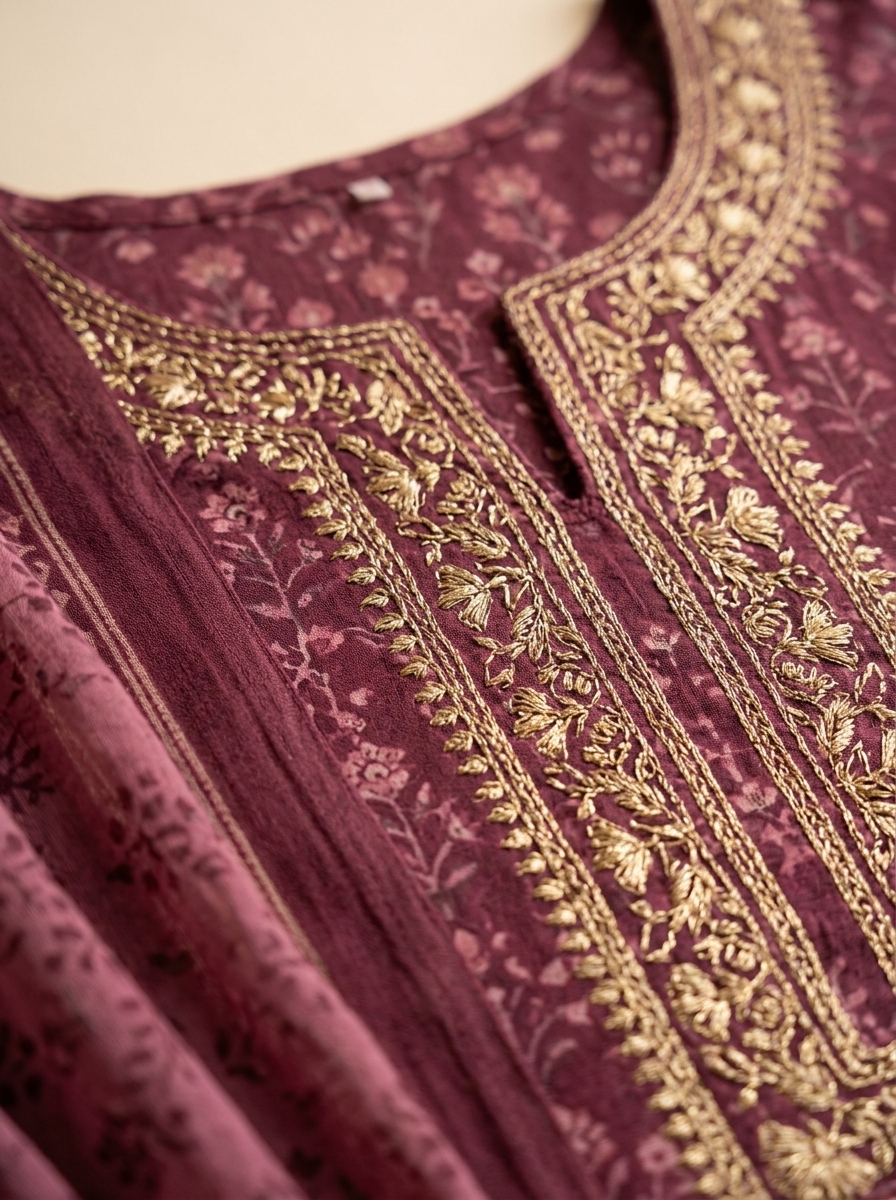 Macro detail shot of fine zari neckline embroidery, floral block print, and 60s cambric cotton weave