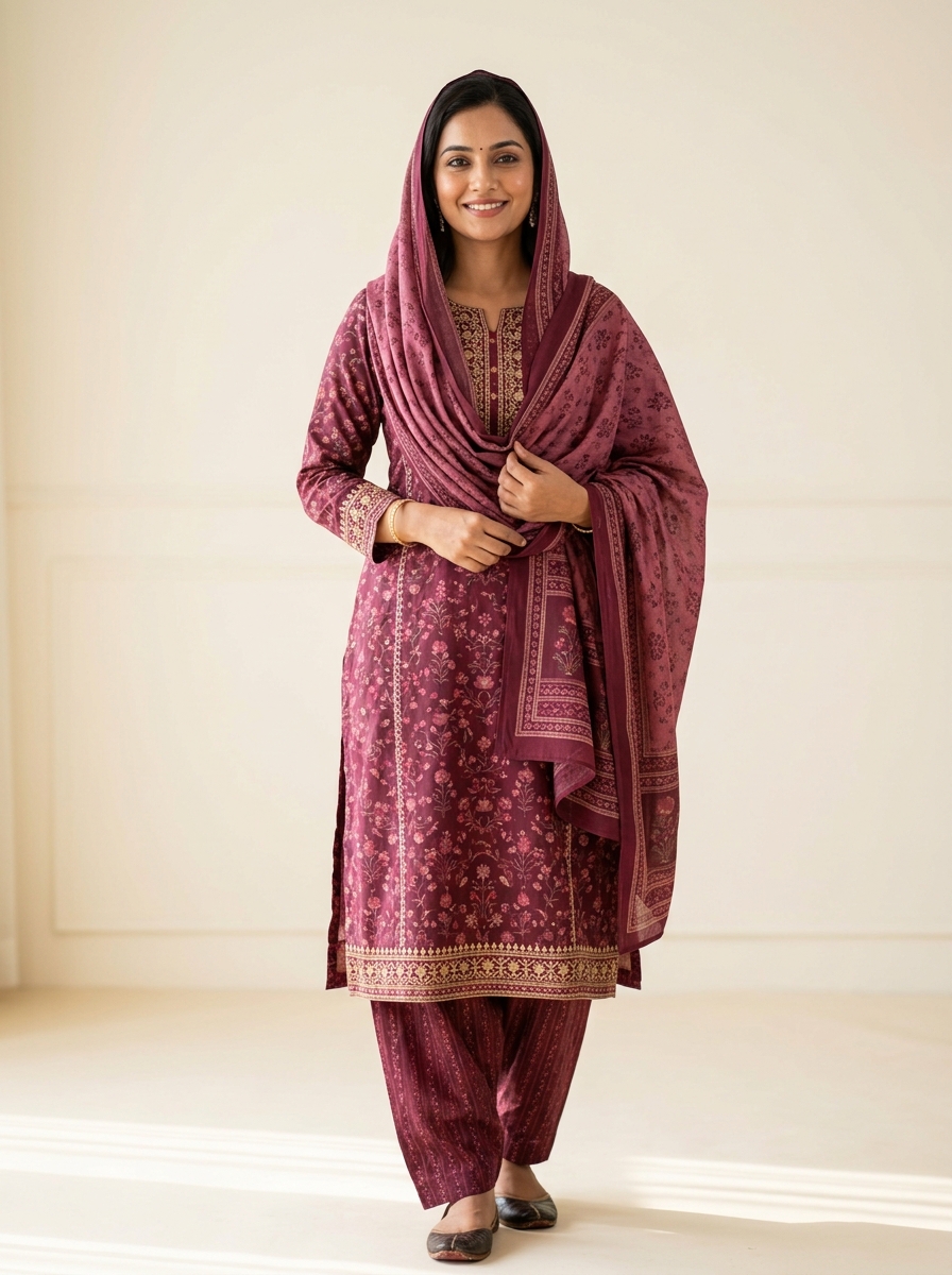 Berry Floral Print Cambric Salwar Suit Set