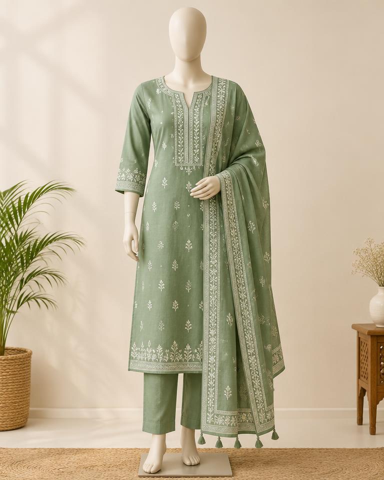 Pure cambric cotton three-piece salwar set showing full silhouette